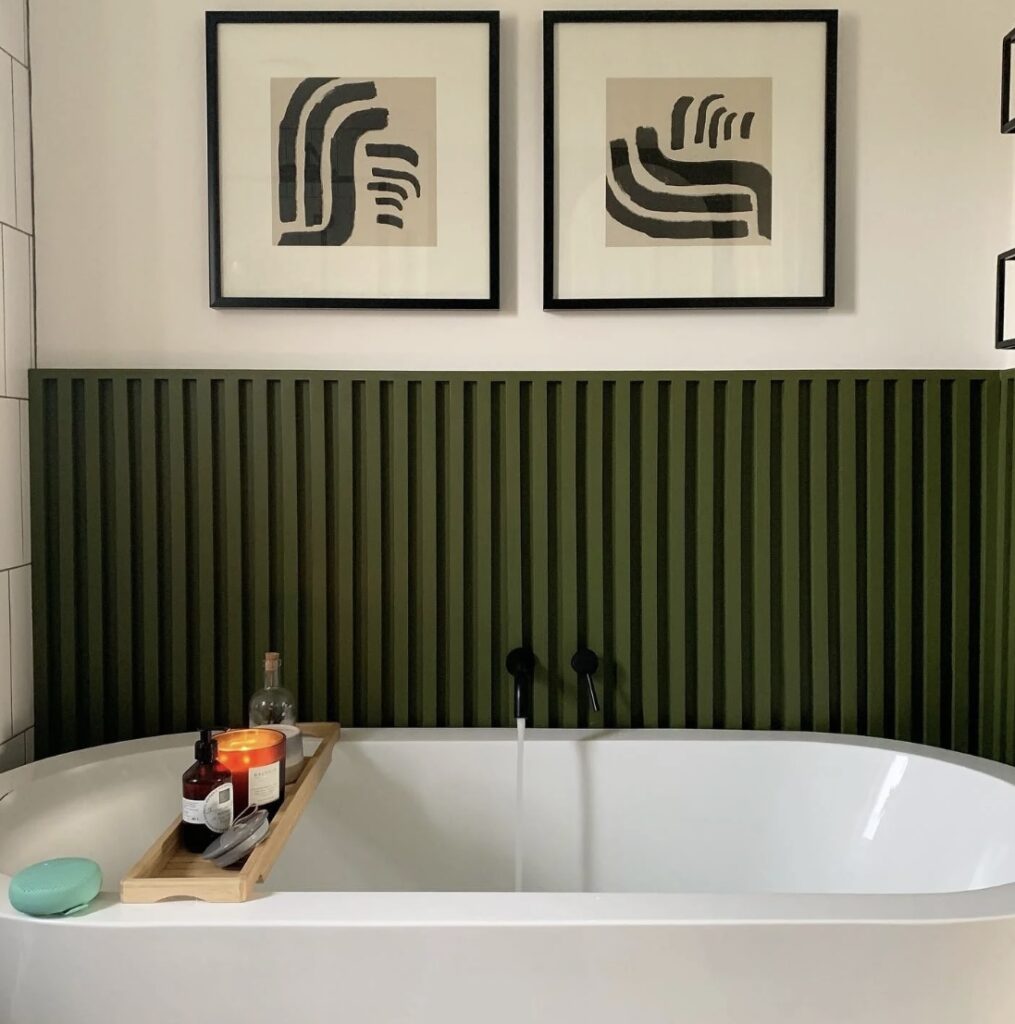 Green bathroom design idea to introduce green through wood panelling