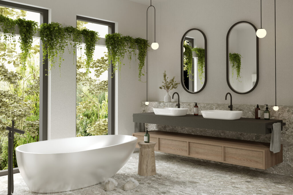 Render of modern luxury bathroom with green theme introduced by hanging plants