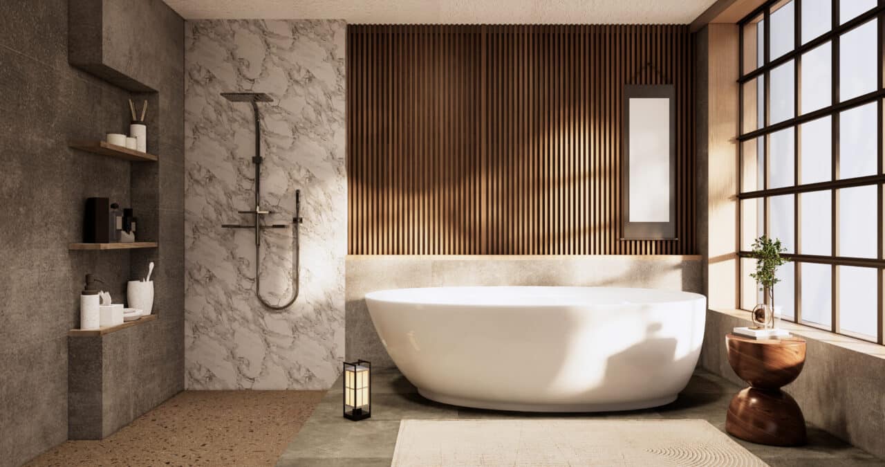 Japandi bathroom ideas with warm wood, soft stone tones and calm lighting