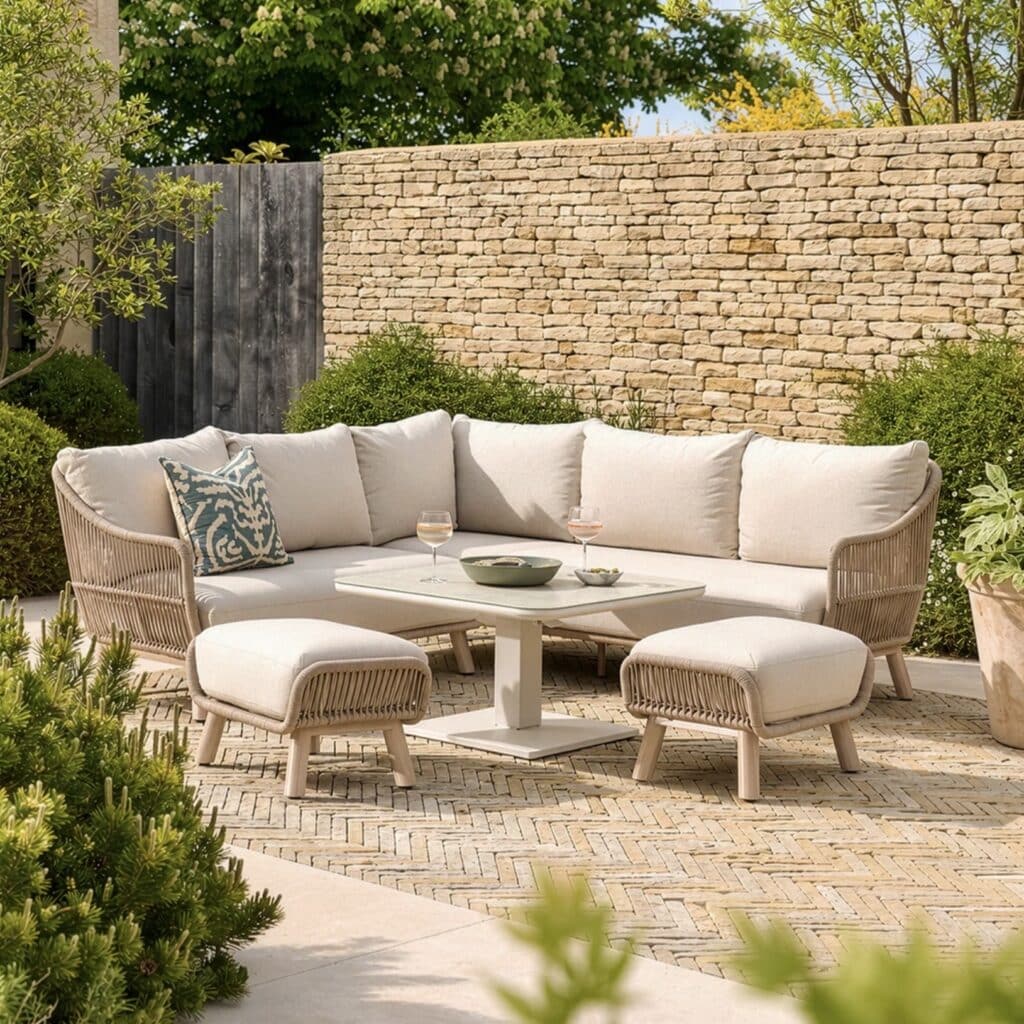 Gardenesque Belmont corner casual dining set on herringbone brick paving in a walled courtyard garden with established green planting and Cotswold stone boundary wall.​​​​​​​​​​​​​​​​