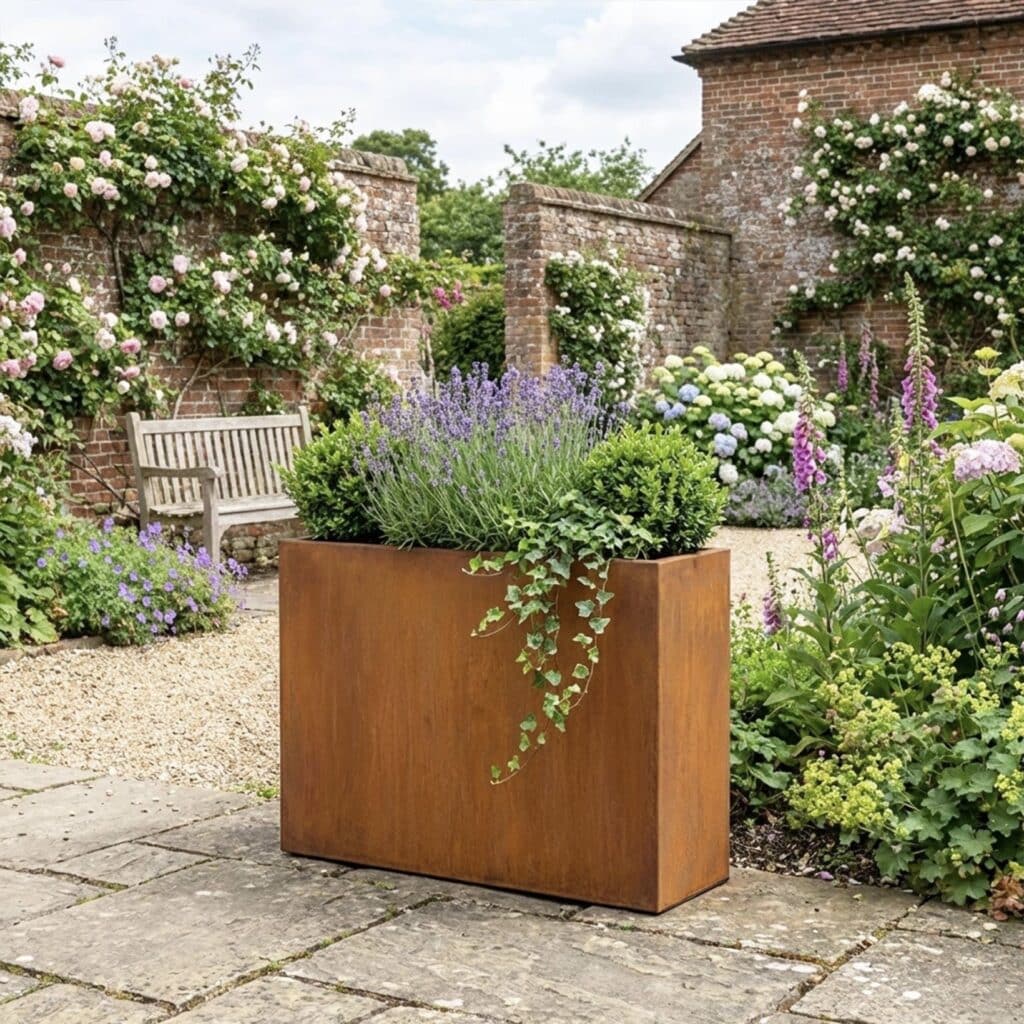 Corten steel tall trough planter with ornamental grasses in a walled courtyard garden, an architectural container choice for small outdoor spaces.​​​​​​​​​​​​​​​​