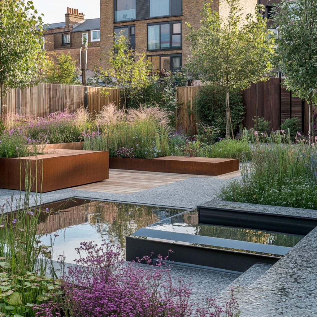 Modern courtyard garden with corten steel planters, reflective water features, ornamental grasses and timber slatted screening​​​​​​​​​​​​​​​​