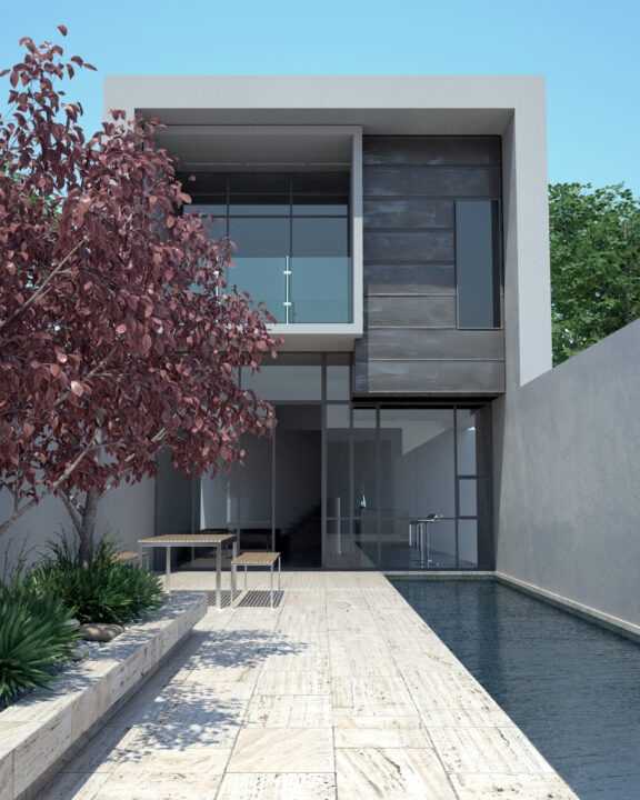 Minimalist courtyard garden with a sleek water feature, modern architecture, and a small outdoor dining area. A contemporary example of courtyard garden ideas for a stylish and tranquil space.