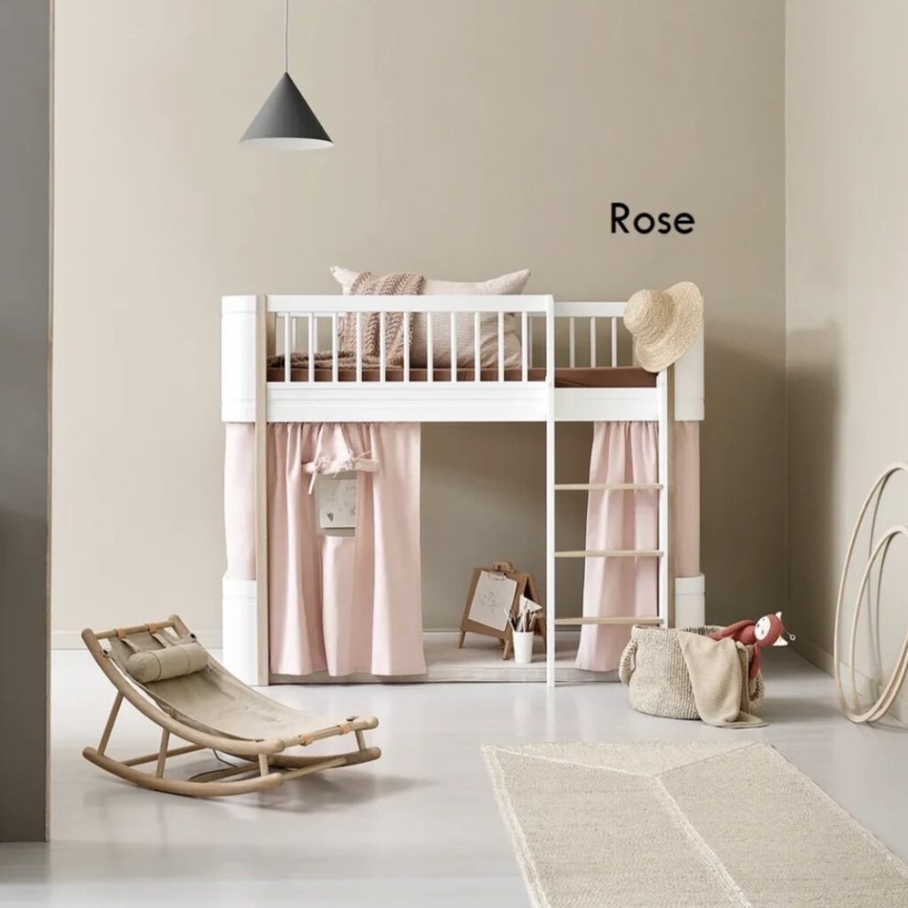 Oliver Furniture Wood Mini+ Low Loft Bed in white oak with pink curtain — girls bedroom ideas