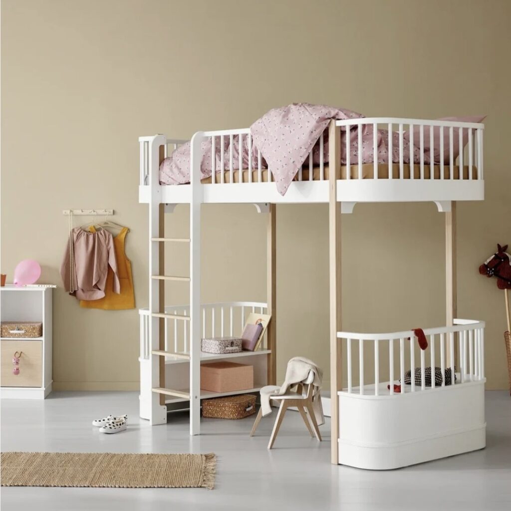 Oliver Furniture Wood Original Loft Bed in white oak with built in desk and sofa — girls bedroom ideas