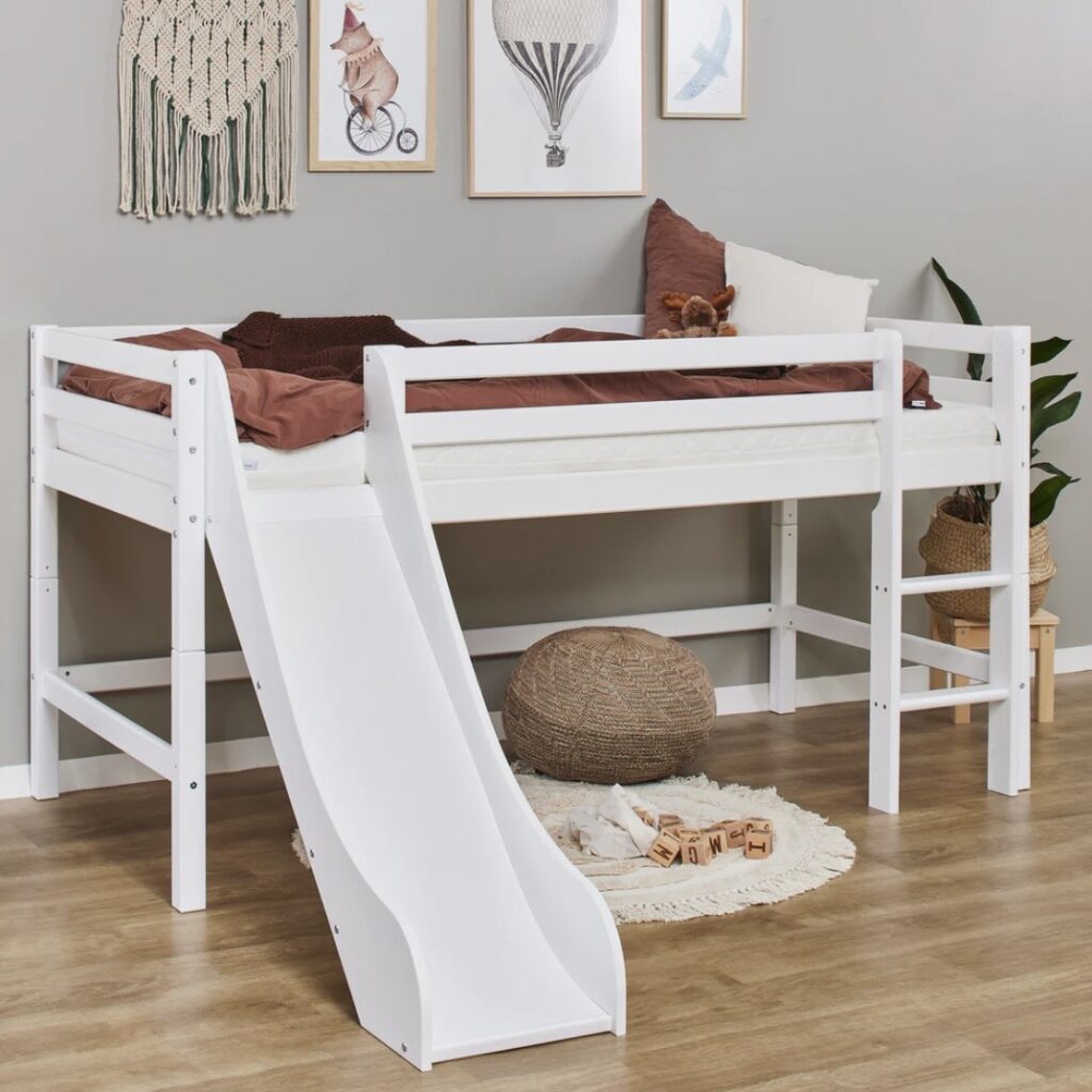 Hoppekids Eco Dream mid sleeper bed with slide in white with play space underneath — girls bedroom ideas for small rooms​​​​​​​​​​​​​​​​