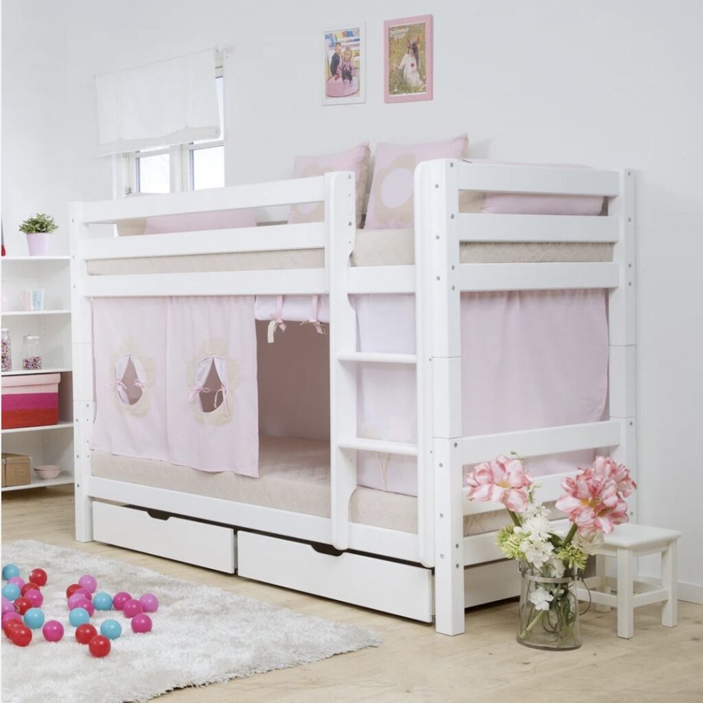Hoppekids Eco Luxury Bunk Bed in white with pink curtain den and under-bed storage drawers — shared girls bedroom ideas