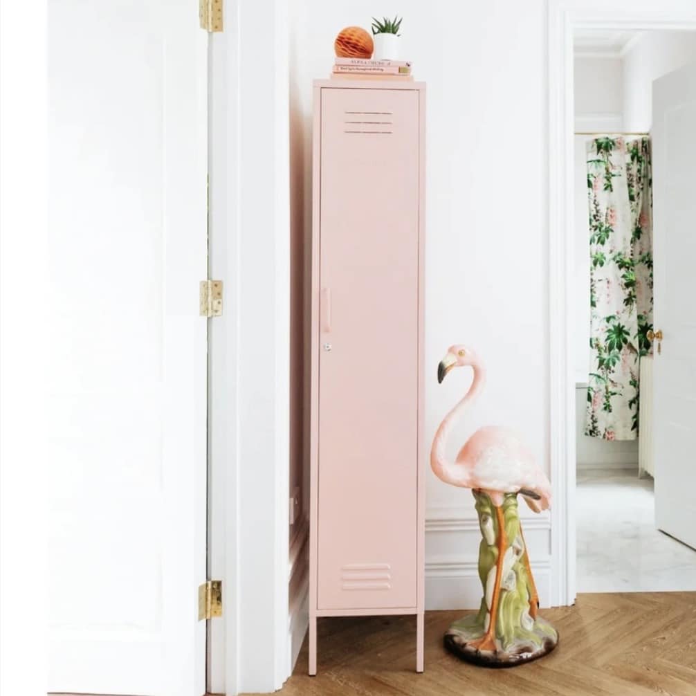 Mustard Made Skinny Locker in blush pink with ceramic flamingo — girls bedroom storage ideas
