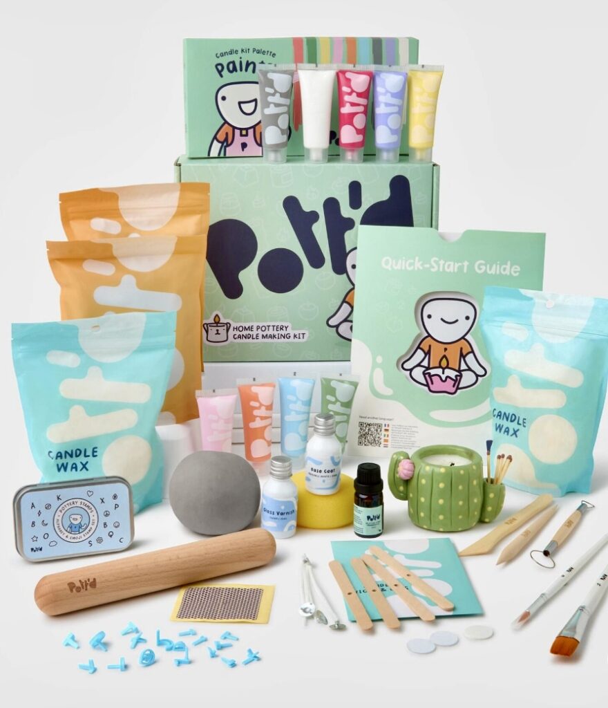 Colourful home pottery and candle making kit with tools and paints – perfect for summer craft ideas and creative craft kits for teens.