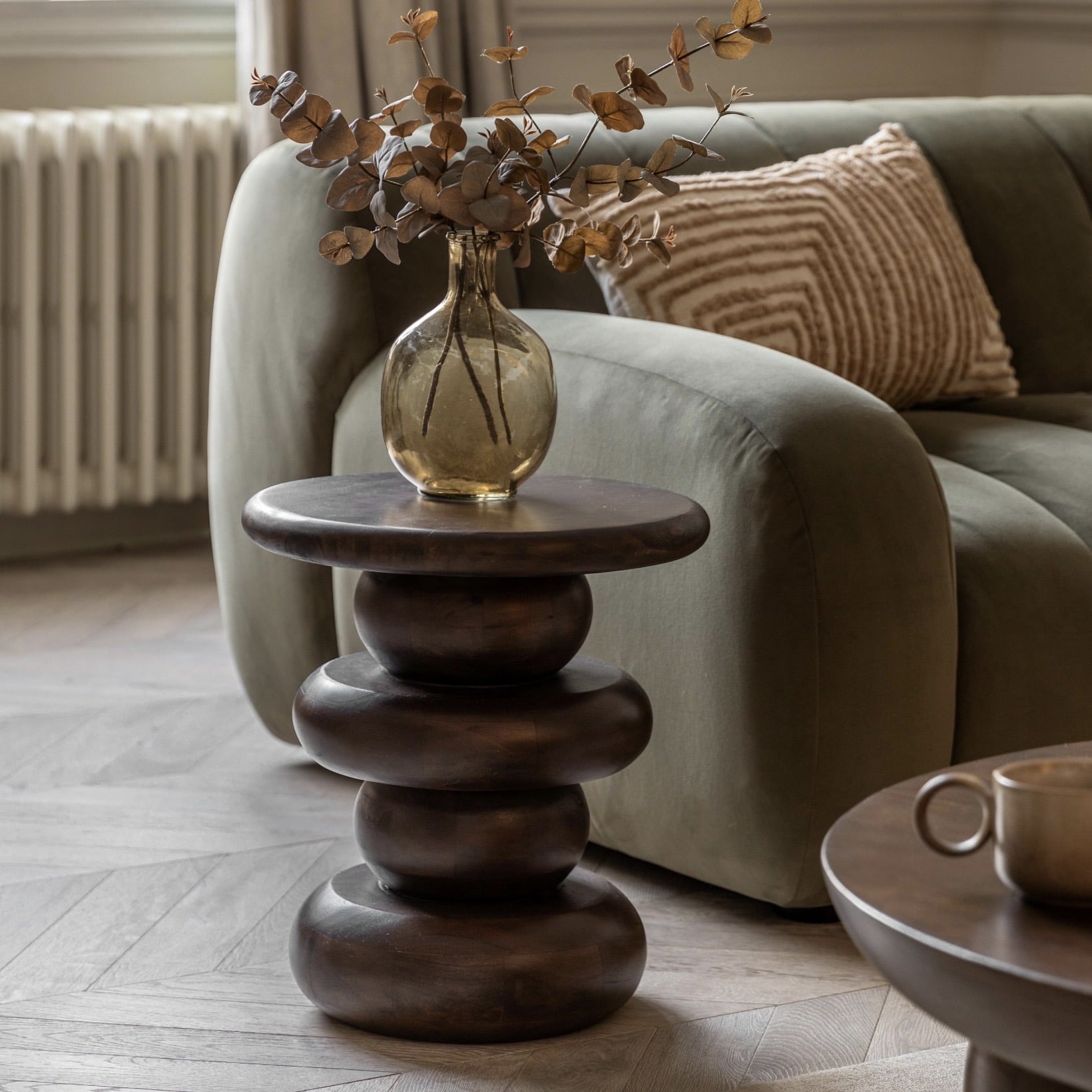 Boho rustic solid dark mango wood sculptural side table — a handmade unique wood side table for living rooms