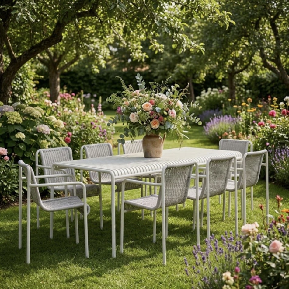 HAY Palissade white metal outdoor dining table set with 8 chairs in a garden