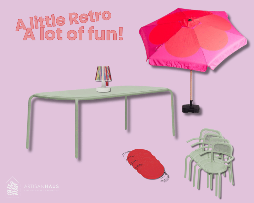 Retro poolside look with an outdoor metal dining table, mist green metal dining chairs, red round seat pads and a pink and red blossom parasol on a soft pink background.