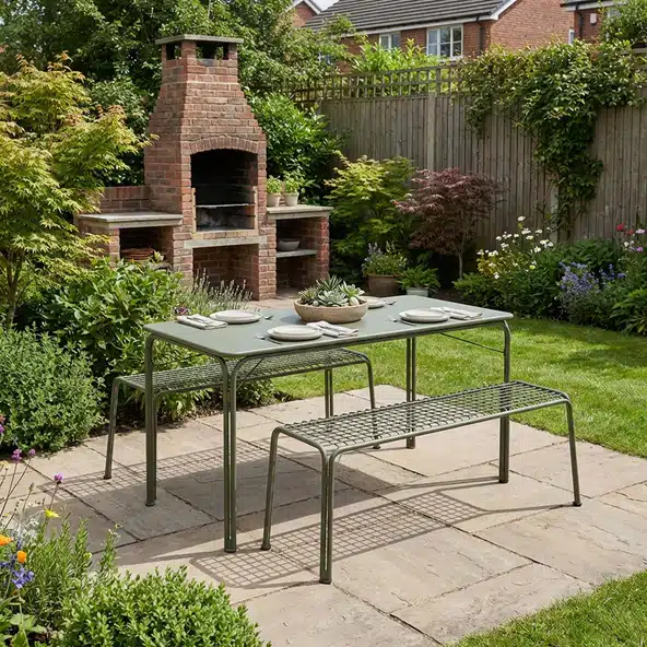  &Tradition Thorvald bronze green garden picnic set on stone paving in a rustic courtyard garden with brick fireplace and established planting.