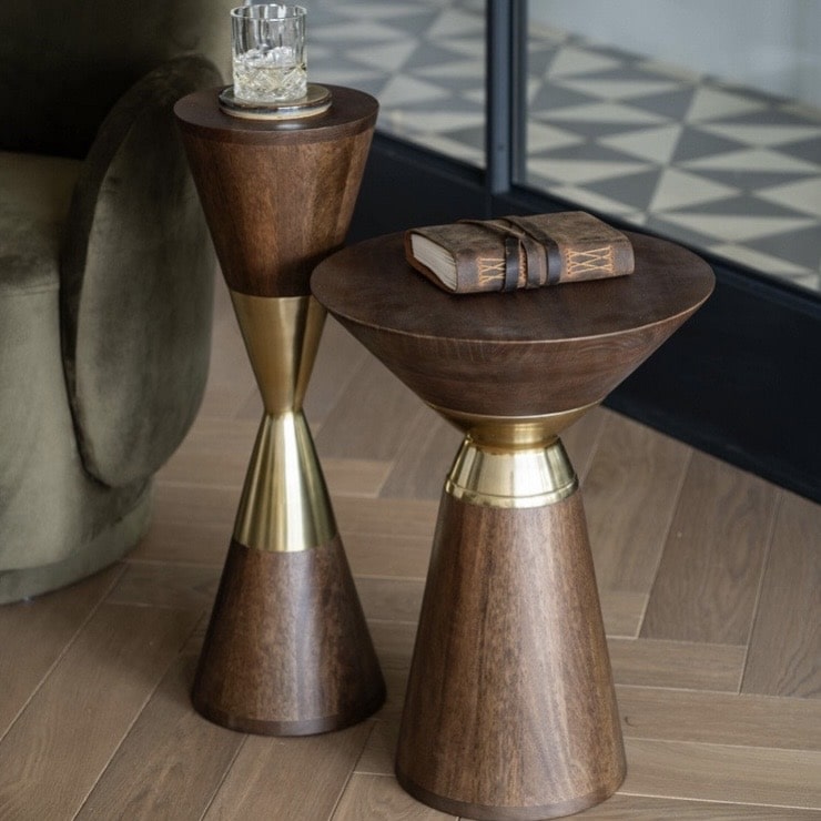Unique wood side tables for living rooms: Libra Amalfi dark wood side tables with brushed brass detail, styled as a sculptural pair.