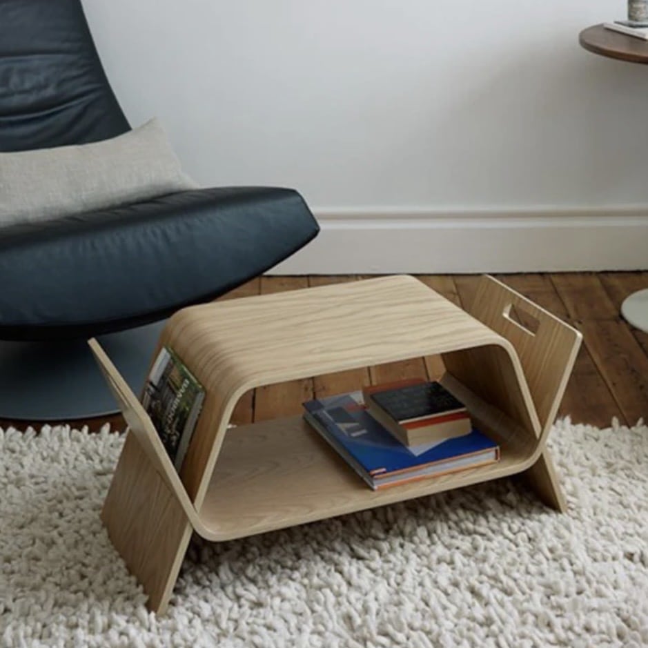 Unique wood side table for living rooms — John Green Designs Embrace birch side table with curved plywood form and magazine shelf.