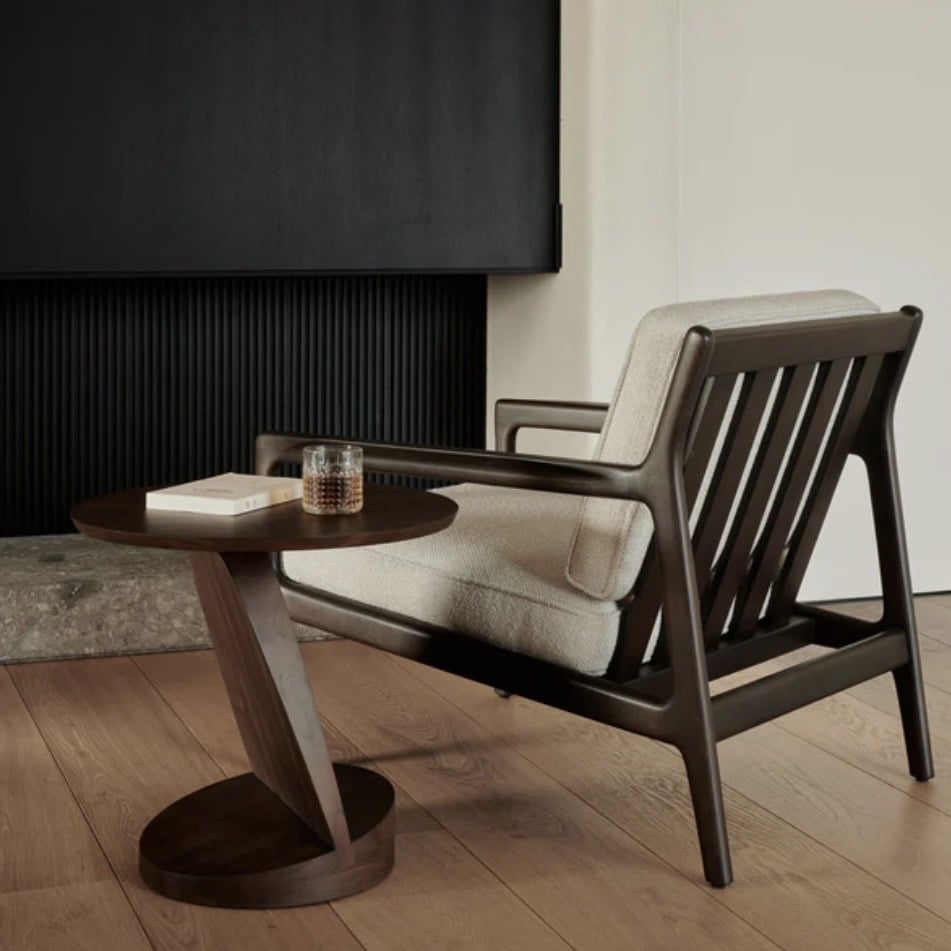 Ethnicraft Oblic teak side table — unique wood side table for living rooms with a sculptural, minimalist design and offset support.