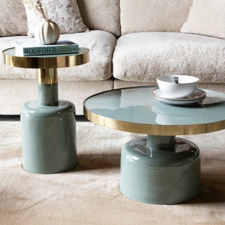 Unique side tables for living rooms – green high gloss and gold round side table styled beside a sofa