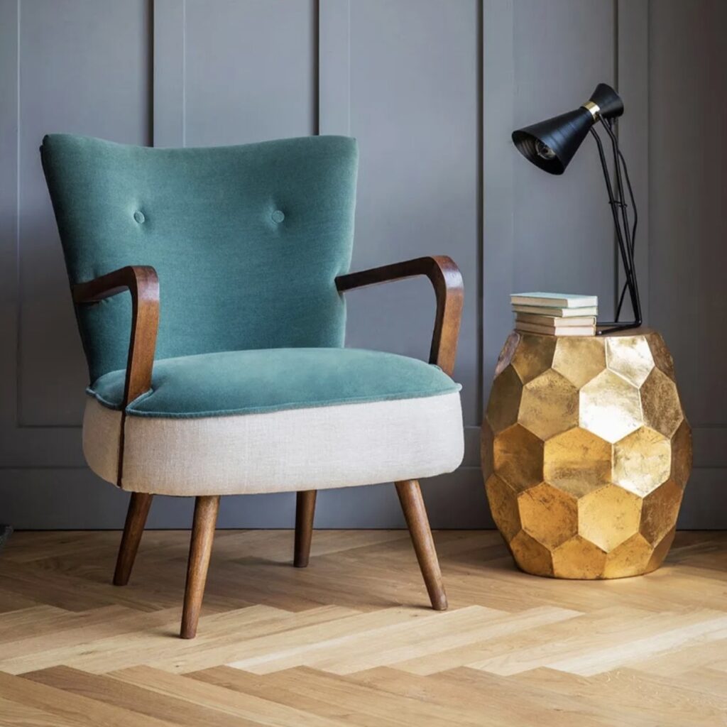 Atkin & Thyme Honeycomb Side Table in gold with a faceted honeycomb design — a bold unique side table for living rooms.