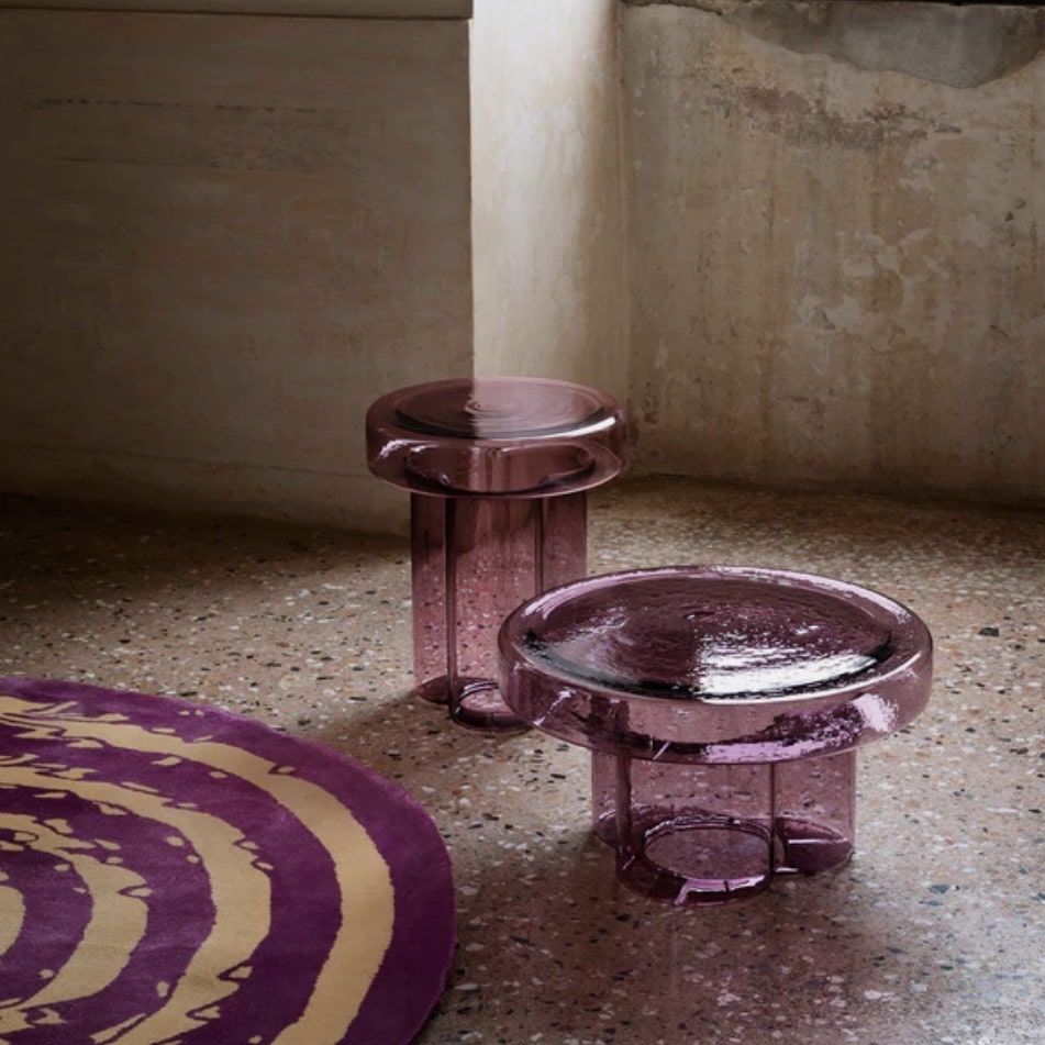 Unique side table in purple glass — Miniforms Soda Round Side Table styled as a sculptural accent table.