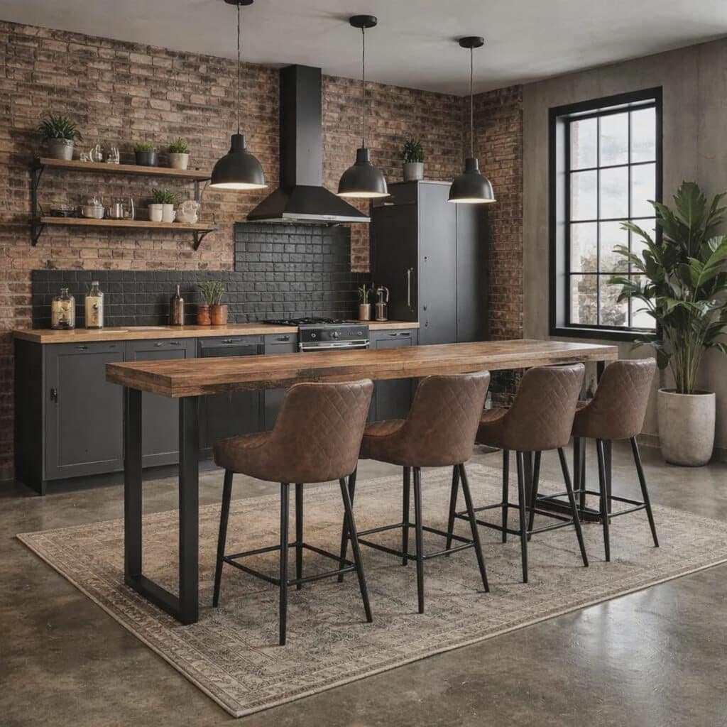 Industrial breakfast bar table with brick wall and leather bar stools