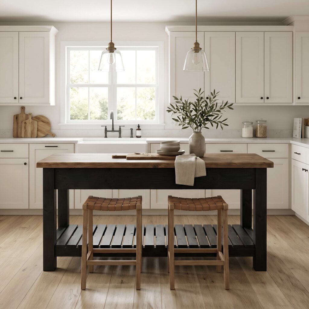 Black and wood kitchen island with woven leather bar stools farmhouse style