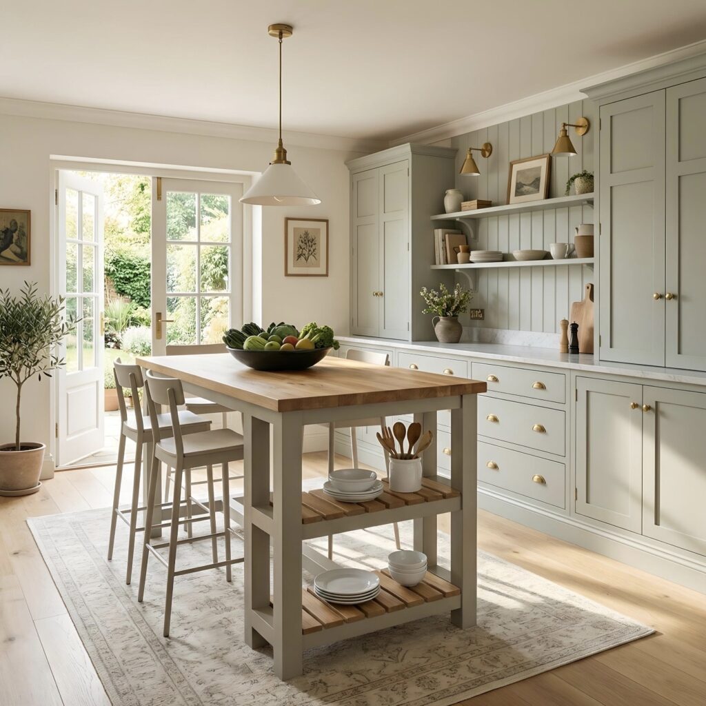 Light grey kitchen island with oak top and open shelving Shaker style
