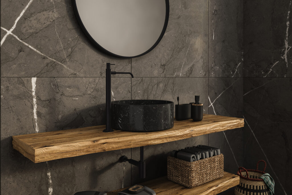 Black bathroom design with wooden accents and black marble tiles