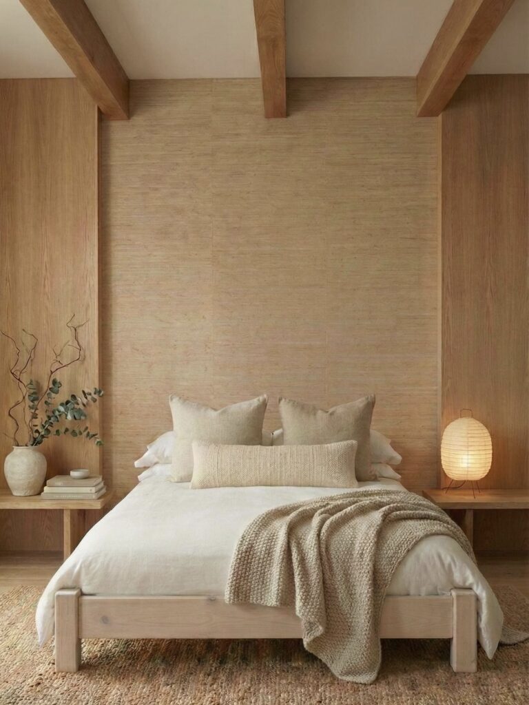 Japandi low platform bed in natural solid wood with built-in bedside shelves, paper lantern lamp and dried branches in a warm neutral bedroom