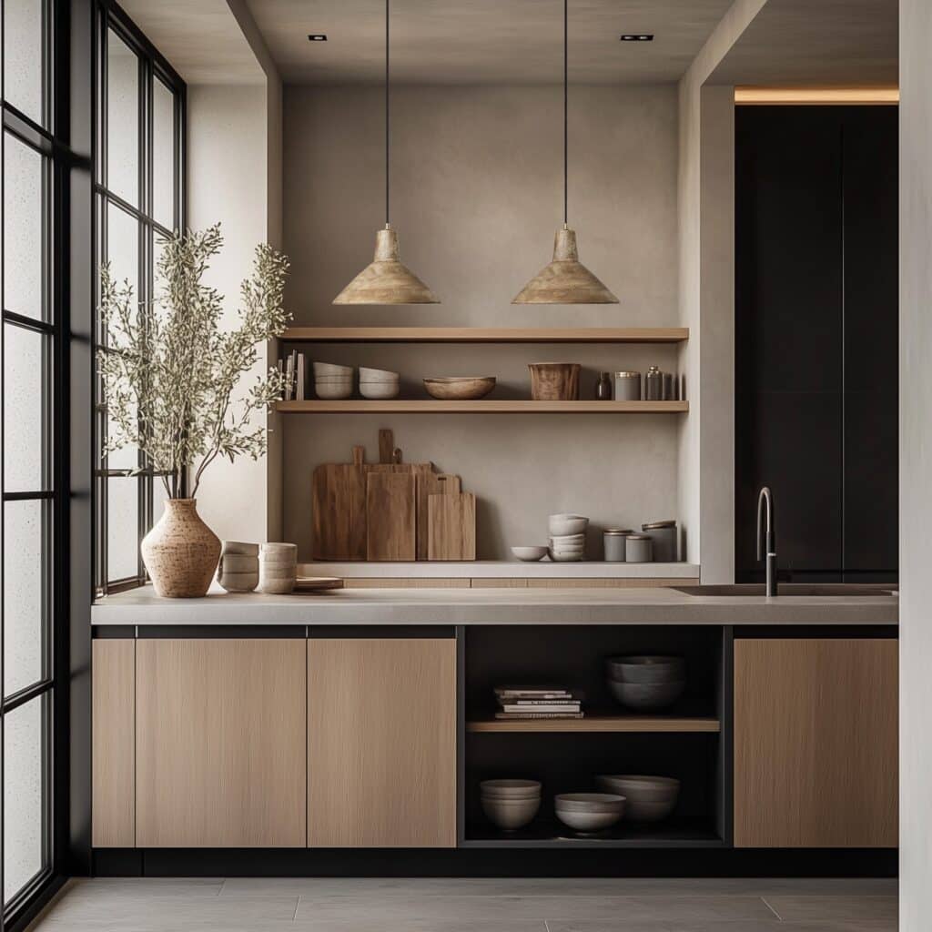 Maribo wooden pendant light above open shelving in a natural-toned kitchen, image via Industville.