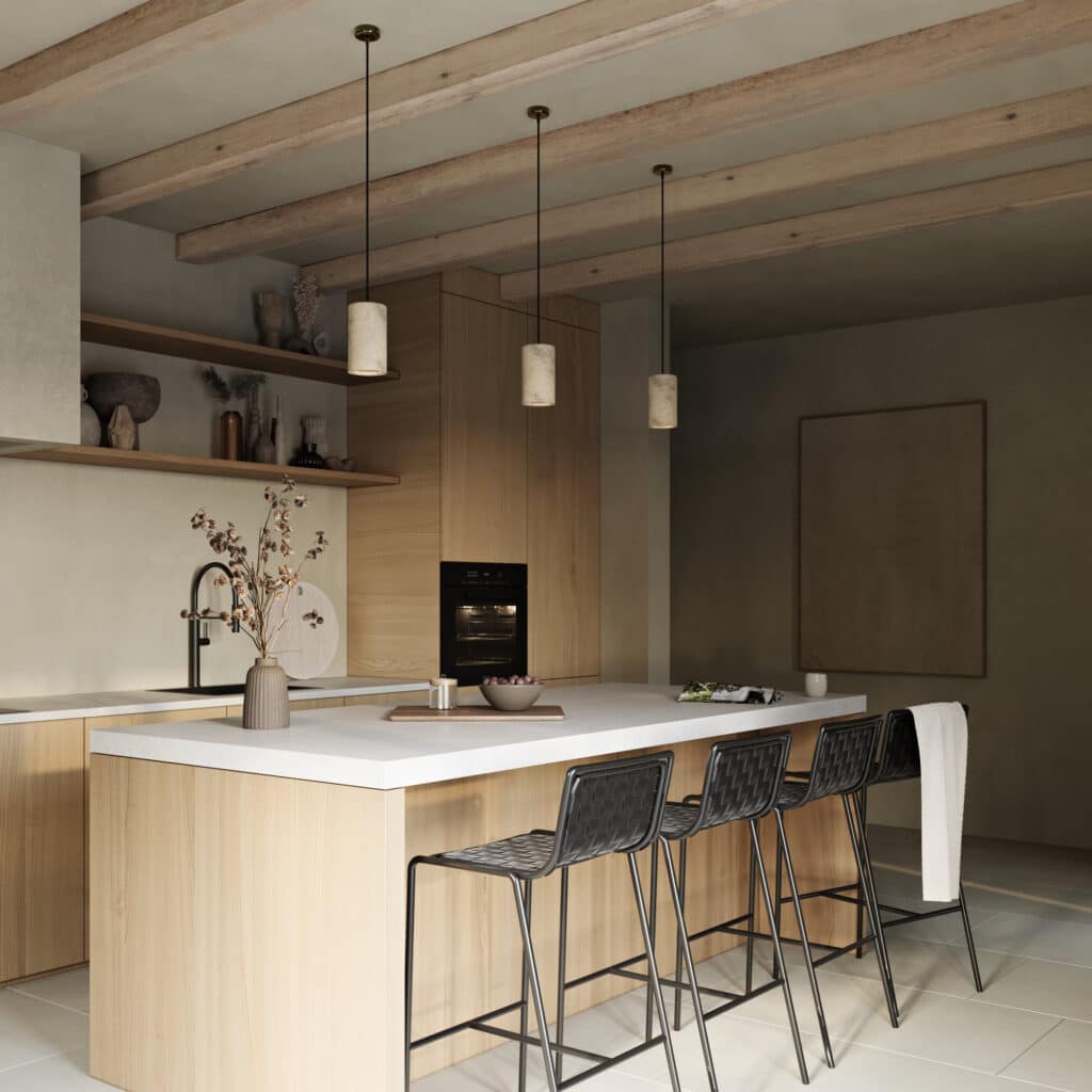 Travertine stone cylinder pendant lights above a wooden kitchen island with exposed beams, image via Industville.
