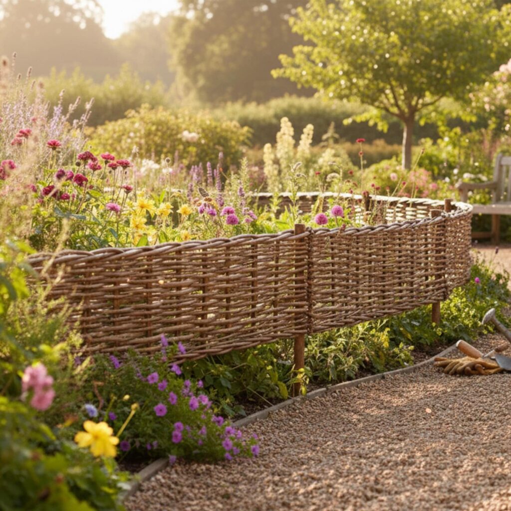 rustic fencing ideas for a cottage garden with woven willow lawn edging