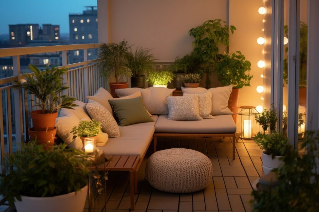 Cosy small balcony with a neutral-toned corner sofa, soft cushions, warm lighting, and lush potted plants – a stylish and inviting small balcony idea.