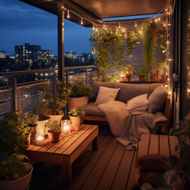Cosy small balcony at night featuring string lights, lush greenery, and a comfortable corner sofa – a magical small balcony idea.