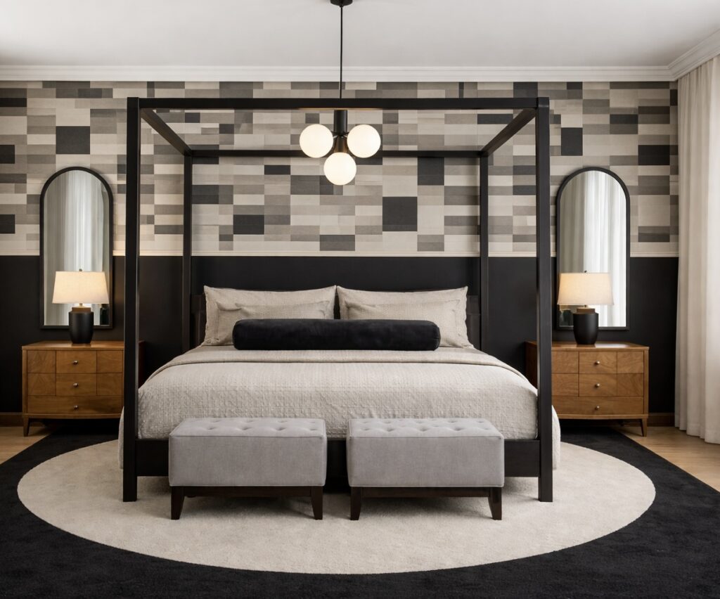 Beige and black bedroom with graphic wallpaper on the upper wall and black paint below