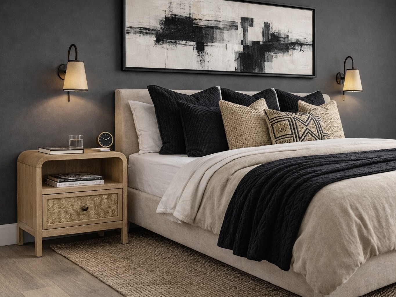 Beige and black bedroom with charcoal walls, rattan bedside table and wall sconces