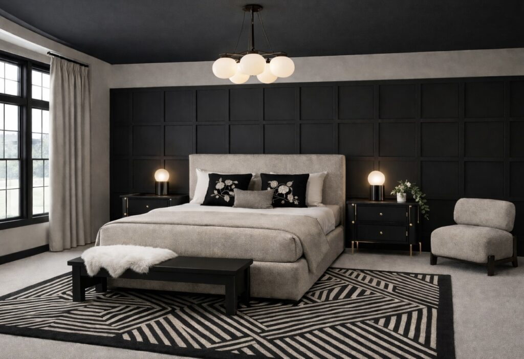 Modern beige and black bedroom with panelled black wall, geometric rug and small globe chandelier