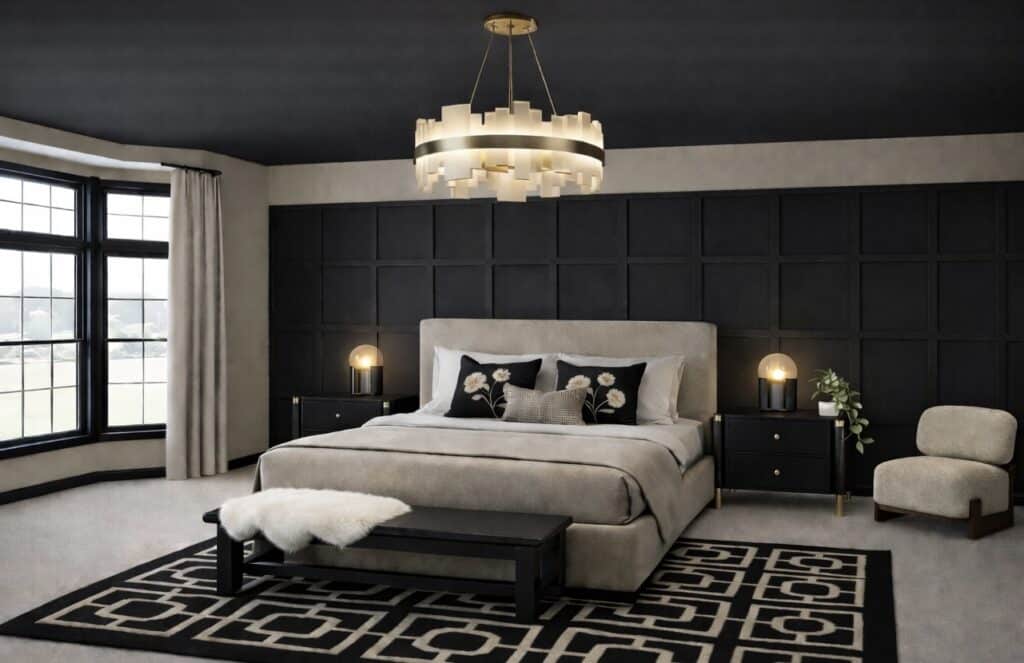 Modern beige and black bedroom with black panelled feature wall, black ceiling, beige upholstered bed, bay window and geometric black rug.