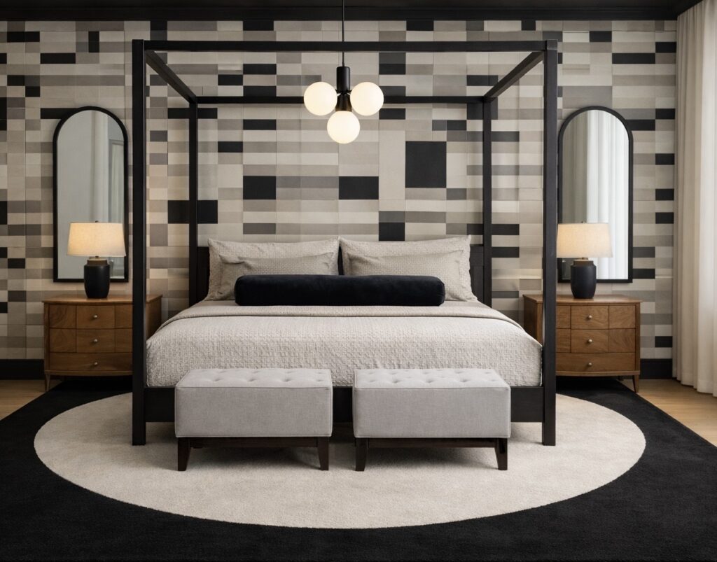Beige and black bedroom with a black four-poster bed, graphic check wallpaper, greige upholstered stools, circular black and cream rug, arched mirrors and pendant lighting.