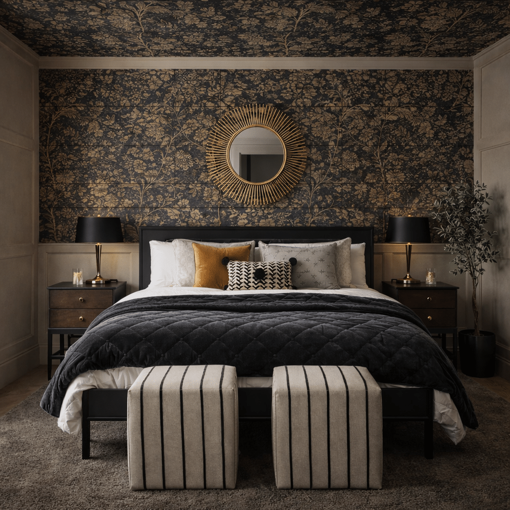 Liberty print stocking fillers styled on a Christmas coffee table – small gifts in colourful floral fabric