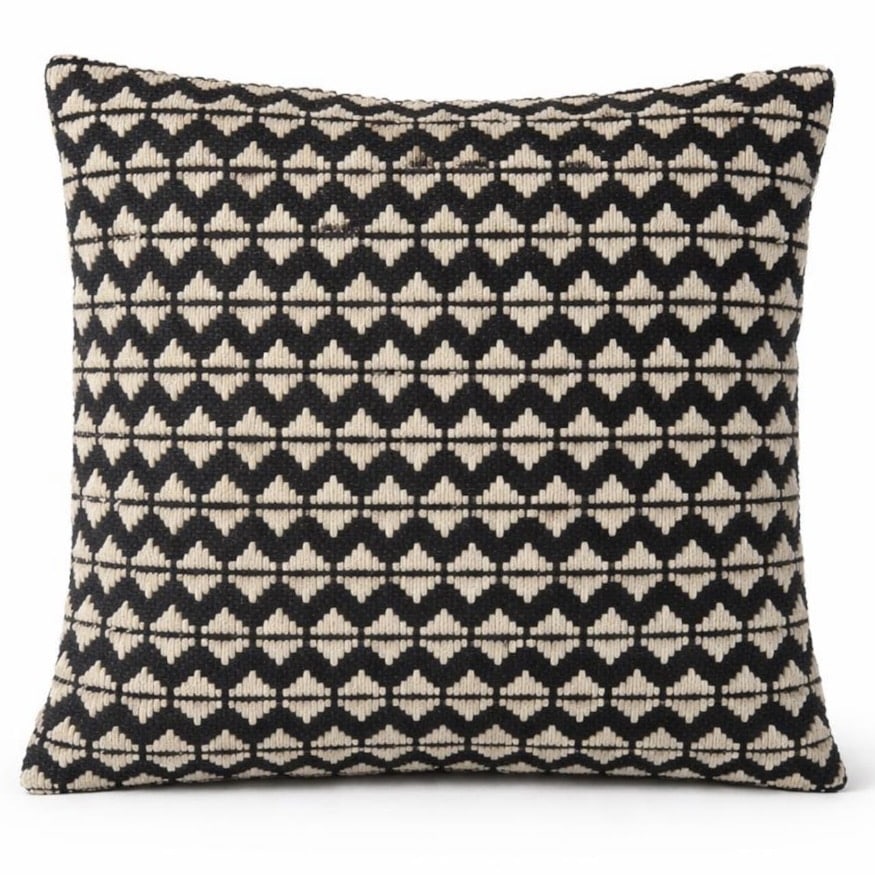 Handmade black and beige cushion cover with geometric diamond pattern by EthnicvibesGB