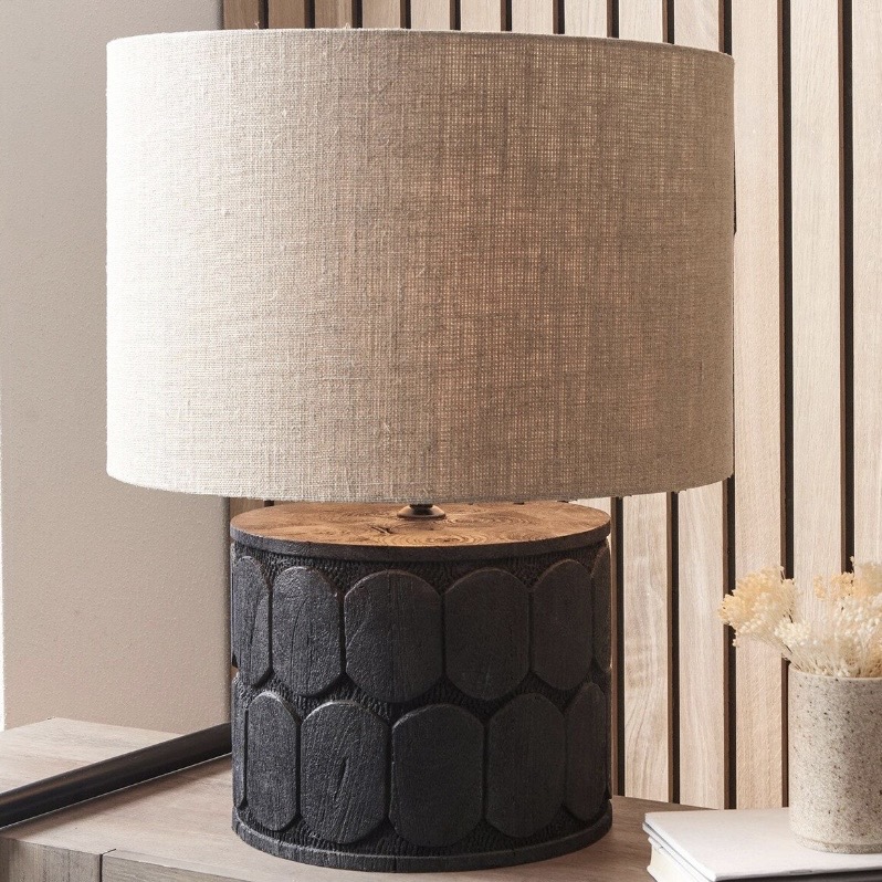 Rustic embossed black mango wood table lamp with linen shade by RumaUK