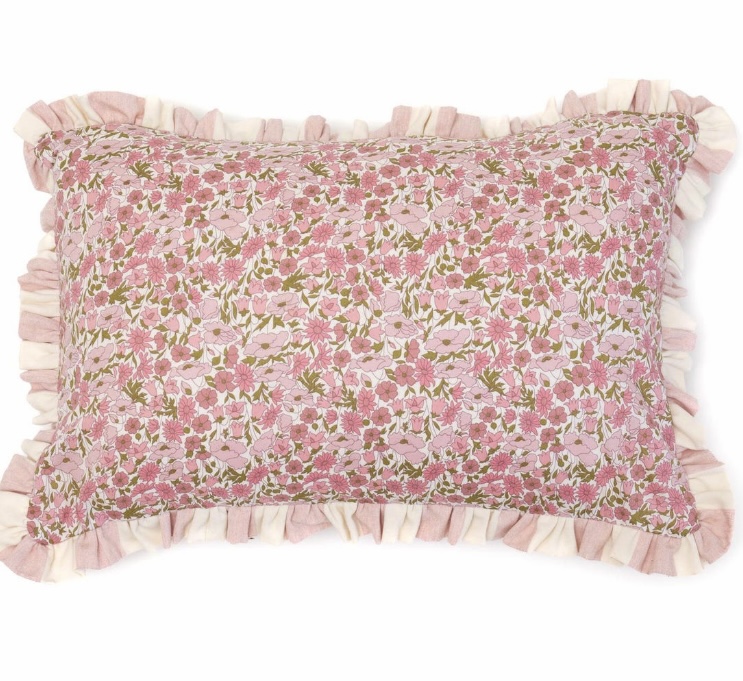 Pink and green cushions with Liberty floral print and layered frill edging