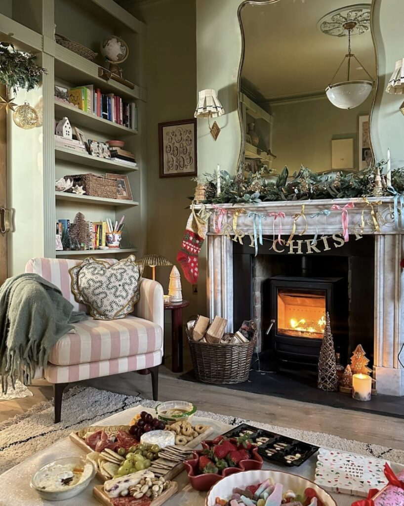 Green and pink living room, green walls with Pink and white armchair