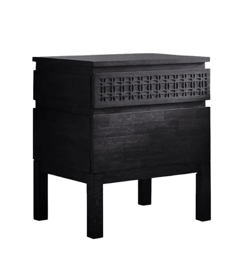 Black mango wood bedside table that would perfectly suit a black and beige bedroom