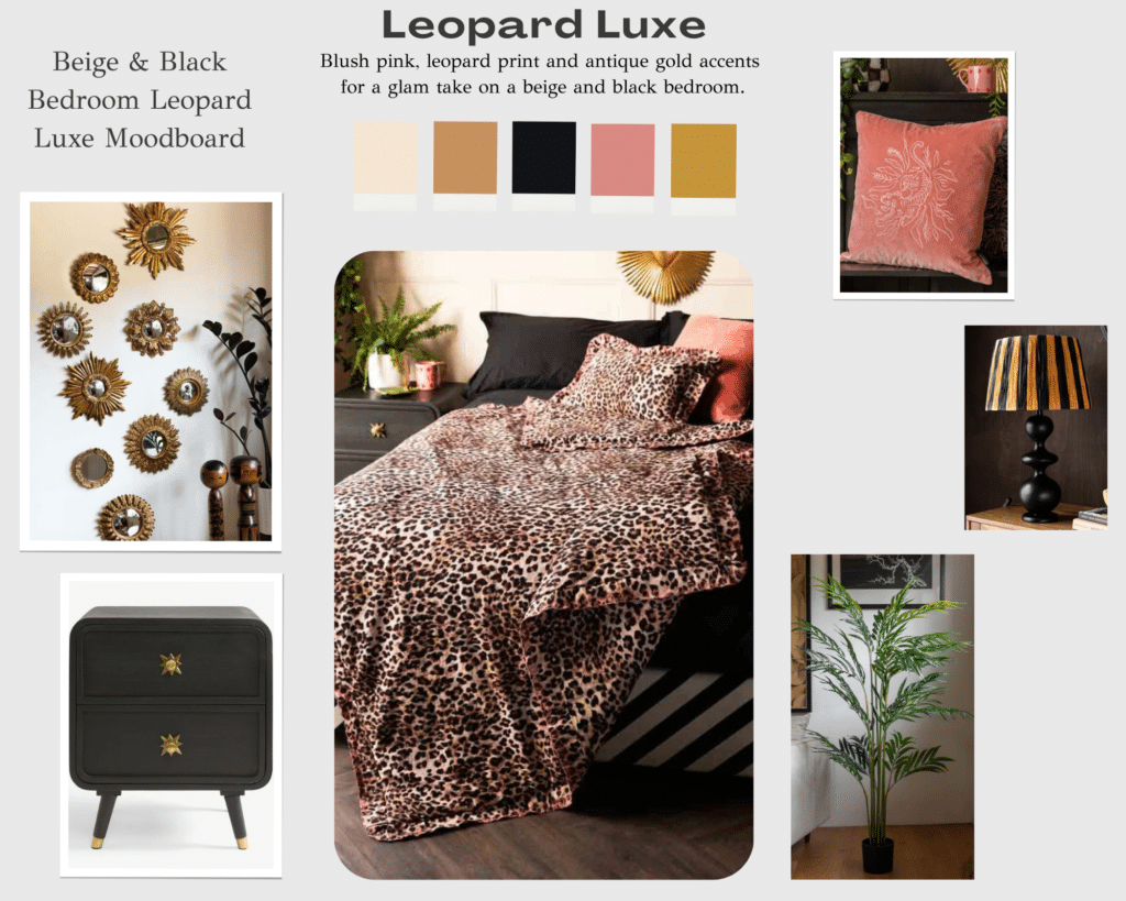 Leopard Luxe beige and black bedroom moodboard with leopard print bedding, black bedside table, blush pink cushion, gold sunburst mirrors and greenery.