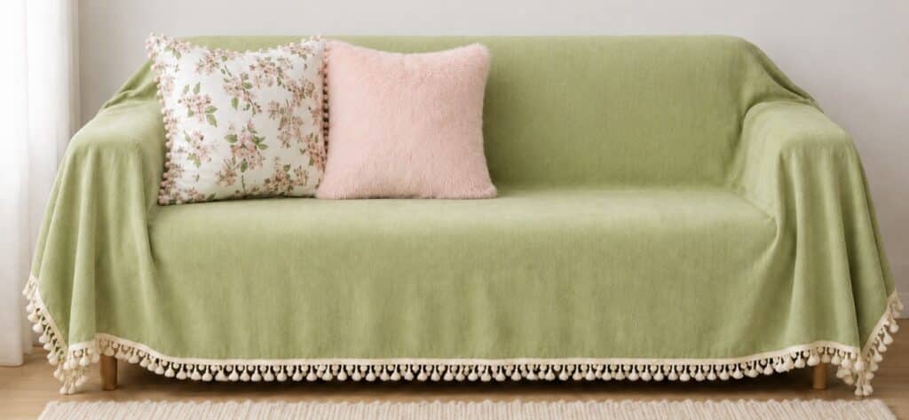 Green sofa styled with a pink blossom print cushion and pale pink faux fur cushion for a budget-friendly pink and green scheme