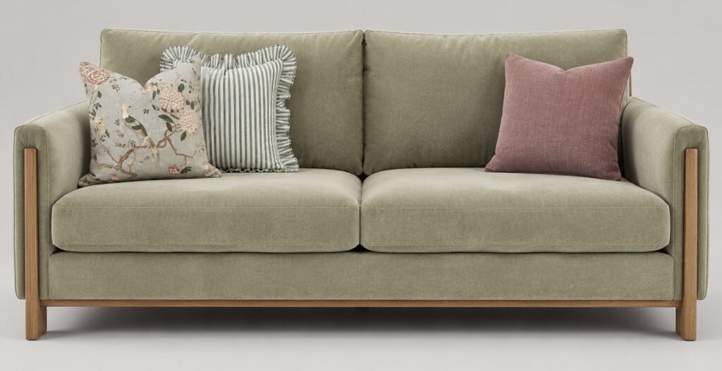 Sage green velvet sofa with oak arms styled with a bird and blossom print cushion, green ticking stripe ruffle cushion and rose pink herringbone cushion for a classic country house look