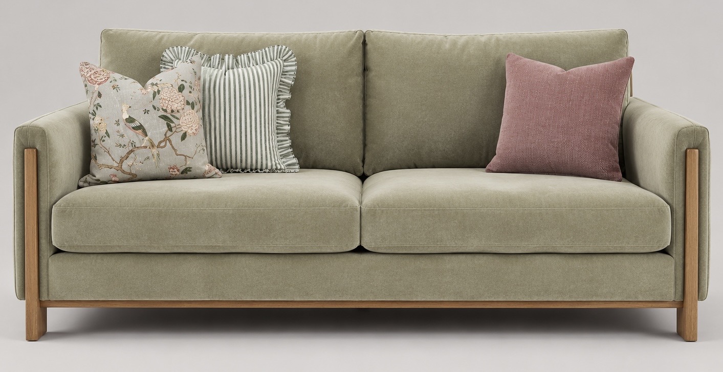 Sage green velvet sofa with bird print, ticking stripe and rose pink herringbone cushions for a classic country house look