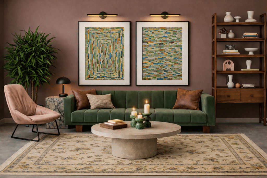 Pink and green room with Sulking Room Pink walls, green velvet sofa, mushroom pink leather chair, wall art and living room lighting ideas