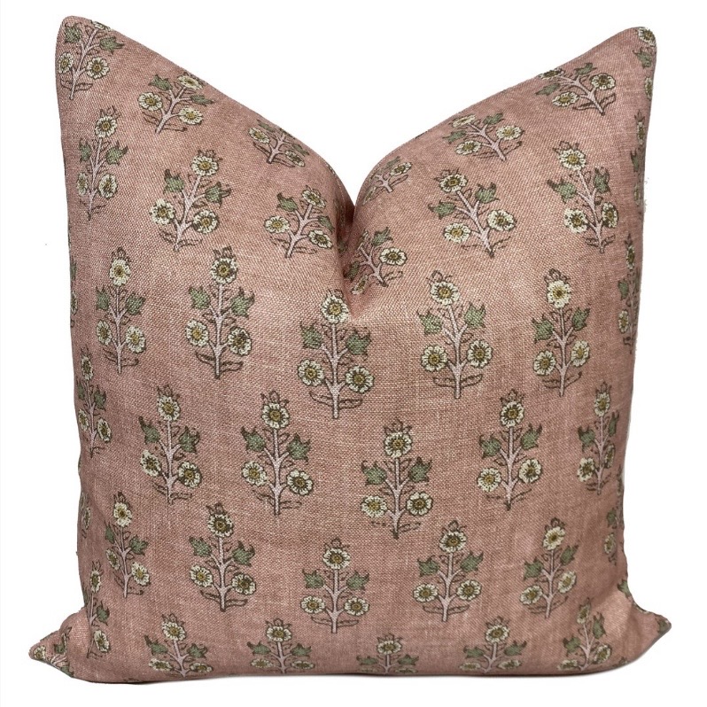 G.P & J Baker Poppy Sprig cushion cover in blush pink linen with sage floral print